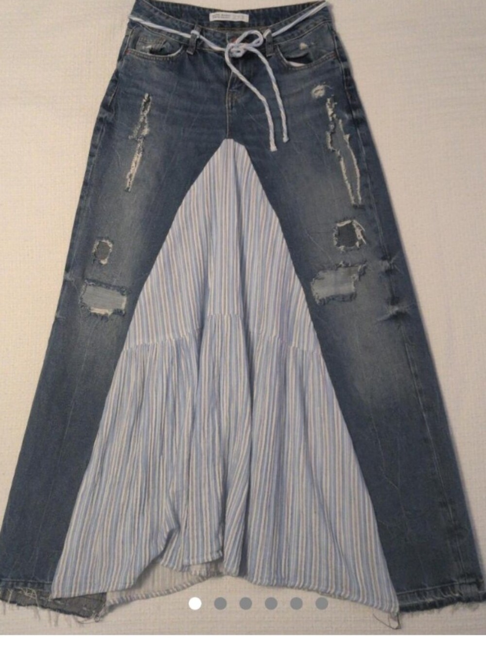Zara Blue Distressed Denim High-Low Skirt with Striped Inset